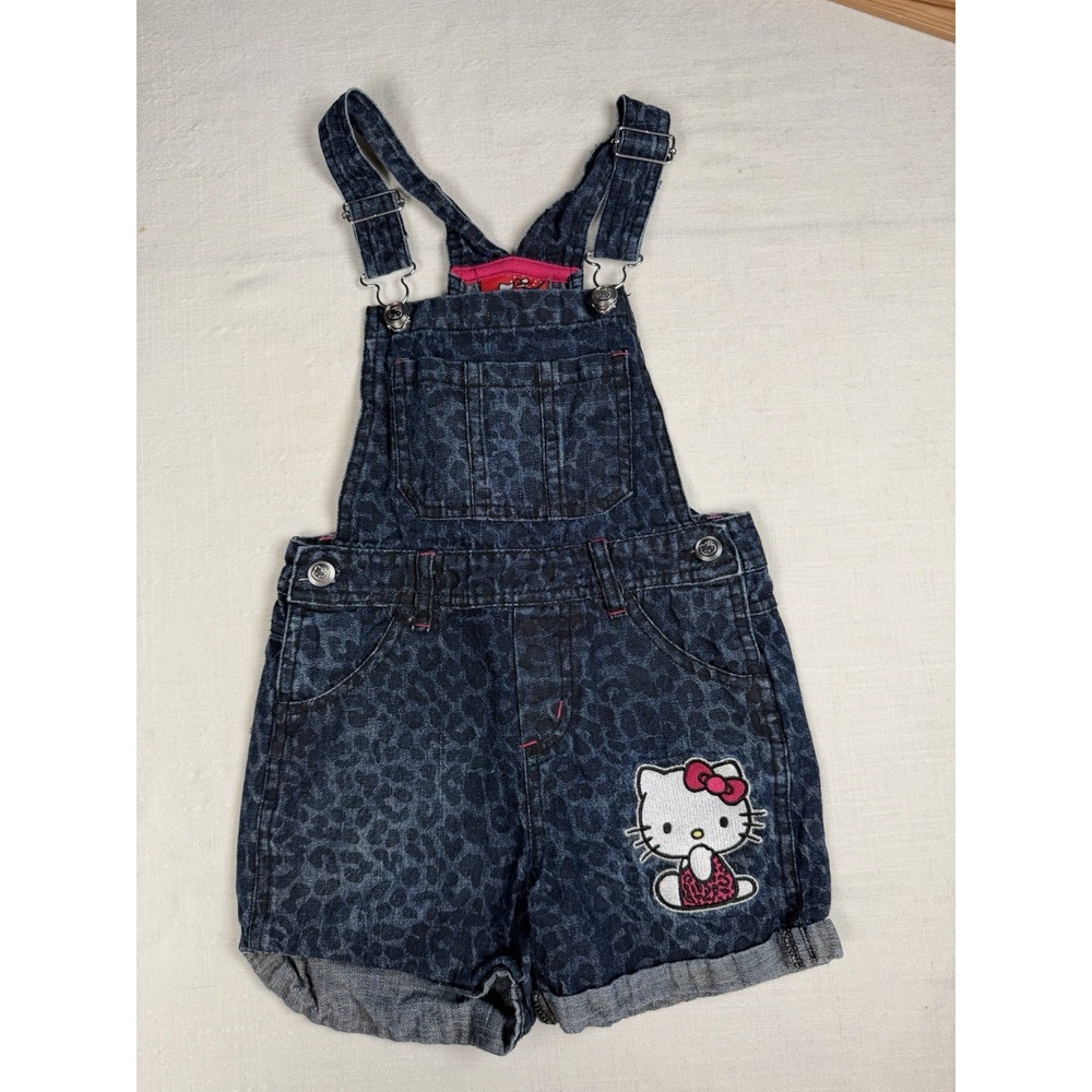Hello Kitty Leopard Print Denim Short Overalls Girls Size 5 Y2K